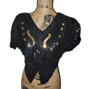 Vintage 1980's Gold & Black Sequined Butterfly Top 100% Pure Silk Made in India